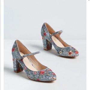 Embroidered Blue Floral Velour Heels